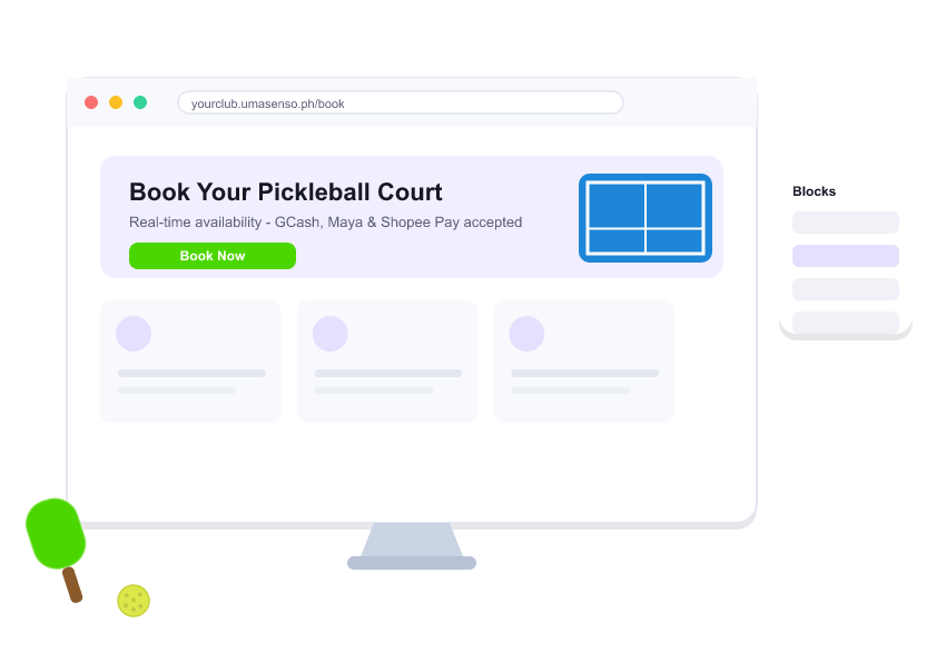 Drag and drop website builder for pickleball court booking page